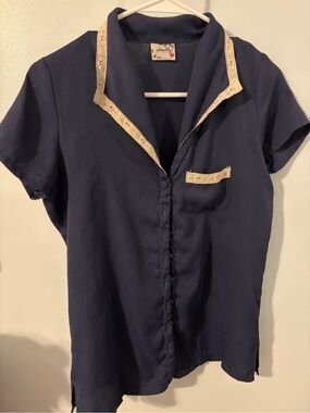 Navy Button-Front Sleep Blouse with Cream Lace Trim